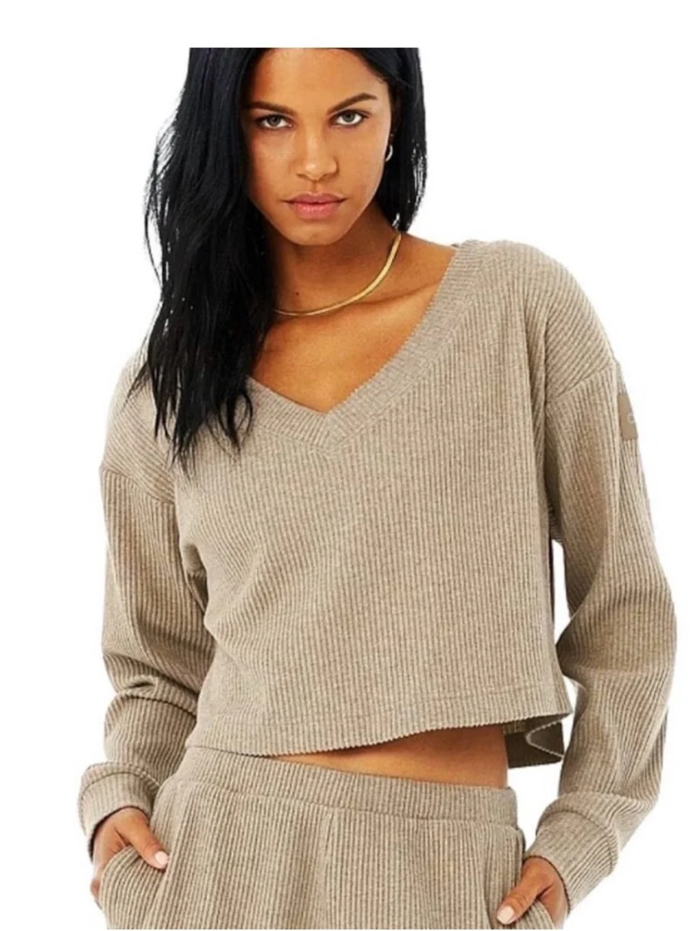 ALO Yoga Cropped Ribbed V-Neck Sweater in Taupe